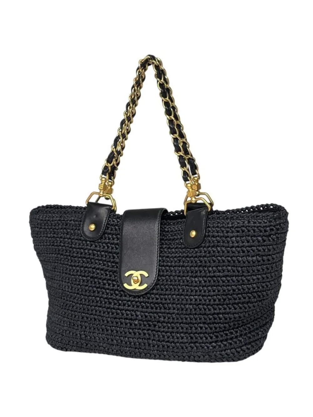 Chanel CC Logo Chain Tote Shoulder Bag Raffia Navy